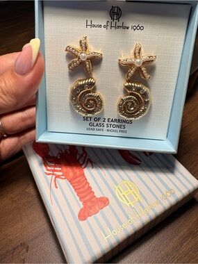 NWT 🦞House of Harlow 1960 Coastal Starfish-Shell Earring Set Gold Pearl Glass 🐚